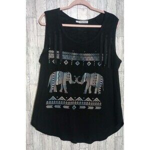Maurices Tank Elephant Print Fringe Black Size 1X‎